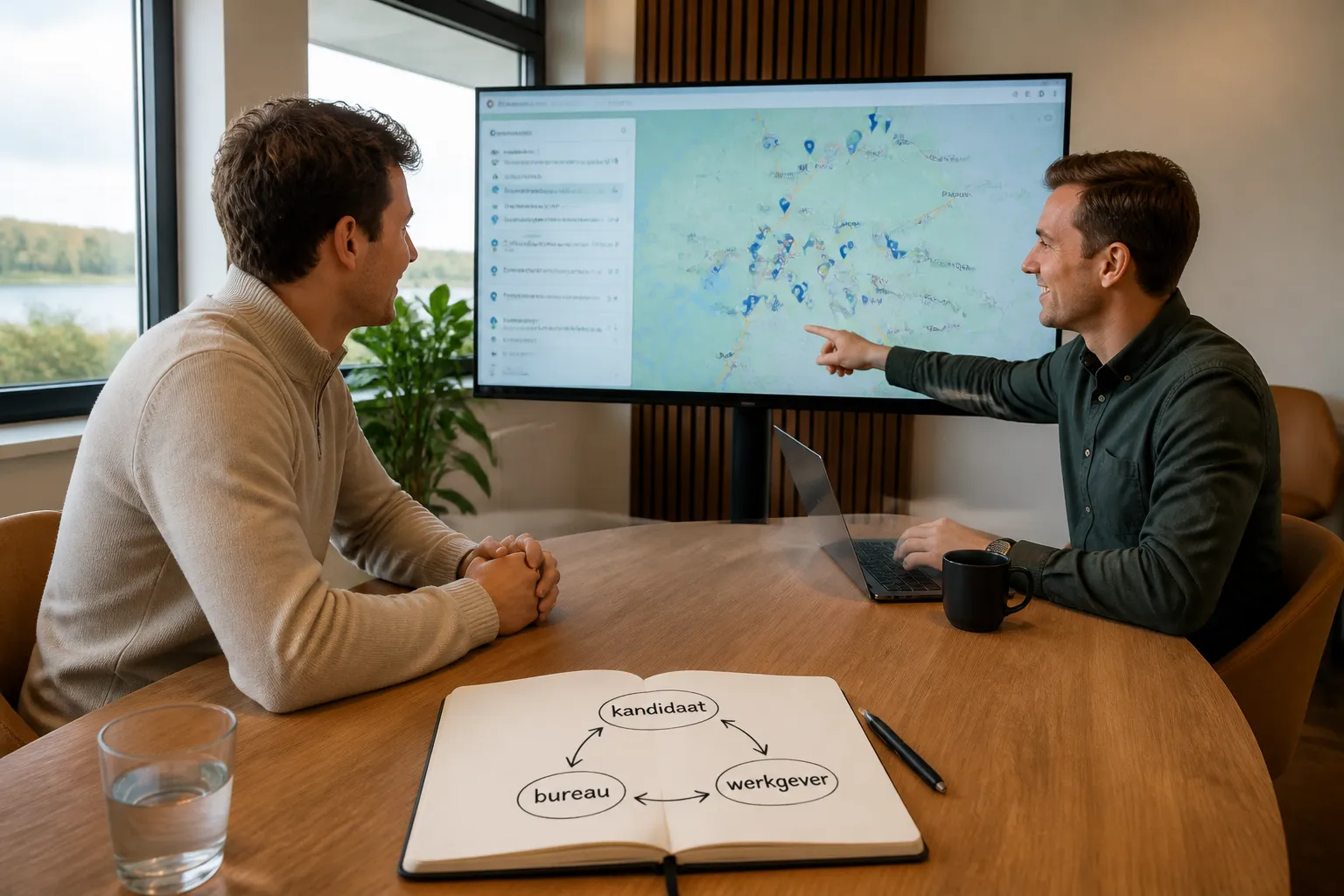 saleskandidaat en recruiter bespreken vacatures bij een bureau in heerenveen met een kaart op het scherm